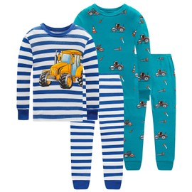 Little bety Boys Soft&Comfortable 4 Pieces Cotton Pjs Engineering Car Pajamas Long Sleeve Pjs Kids Sleepwear 24Months Blue&White