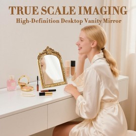 YUSONG Vintage Makeup Mirror for Tabletop - 8" Antique Gold Arched Desk Mirrors with Resin Frame Vanity Table Mirror for Bedroom Living Room Retro Decor