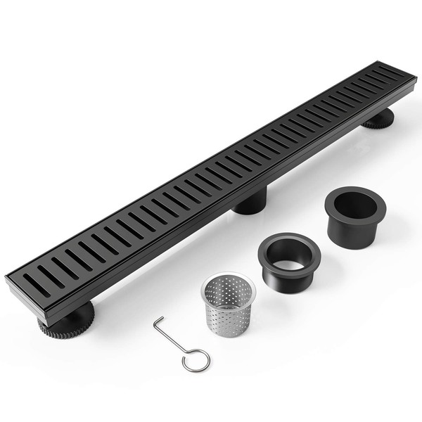 WEBANG 48 Inch Shower Linear Black Drain Rectangular Floor Drain with Accessories Capsule Pattern Cover Grate Removable SUS304 Stainless Steel CUPC Certified Matte Black