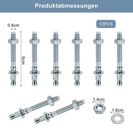 VOSSOT 12 Stück Schwerlastdübel M8 X 8cm schwerlastanker Bolzenanker Metalldübel Keilanker Ankerbolzen Verzinkt Betonanker Inklusive Mutter und Unterlegscheibe