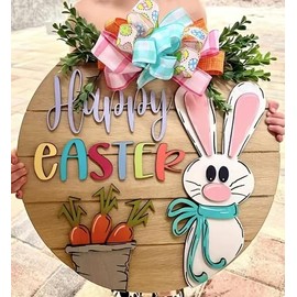 Easter Wreaths for Front Door,Easter Decor Wooden Hanging Sign Happy Easter Wreath Porch Sign with Bow Decoration,Bunny Rabbit Happy Easter Sign Door Spring Decorations for Home (Pink)