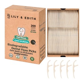 LILY & EDITH Plant Based Dental Floss Picks Adults and Kids 300 Counts, Fluoride-Free, Plant Based Straw Wheat, Earth Friend, Zero Waste Package, Shred Resistant (Unflavored)