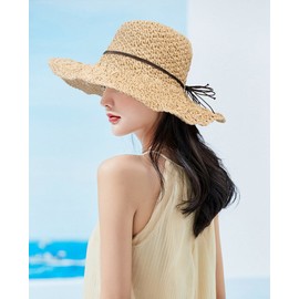 QH-Shop Straw Summer Hat for Women, Foldable Straw Hat with Large Wide Cap, Breathable Beach Hat, Boho Soft Sun Hat for Travel, Holidays and Outdoor Activities (Beige), beige