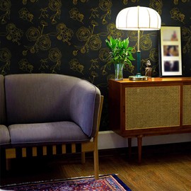 Safiyya 590"x17.3" Peel and Stick Wallpaper Black and Gold Contact Paper Floral Wallpaper Self Adhesive Removable Wallpaper for Bedroom Covering Vinyl Rolls