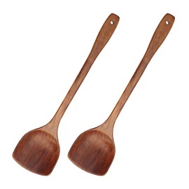 Wooden Spatula, 2Pcs Long Handle Flat Non-Stick Kitchen Cookware for Mixing and Cooking, 15.35”