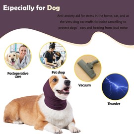 PAPIAMEN Dog Calming Hoodie Head Wrap,No Shake Anxiety Relief Quiet Thunder Vest for Dogs,Ear Protection Head Muffs for Grooming,Pet Covers for Fireworks,Vet Visits,Bathing,Purple,L