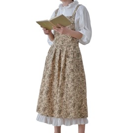 LeafIn Women's Flower Pattern Apron One-Piece Cotton 2-Way Pocket Long Length Kitchen Cafe Style Cooking Class, 01.brown