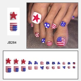 4th of July Press on Toenails for Women,Star and Stripes Toe Press on Nails,Independence Day Nails with Design,Glossy Fake Toenails Reusable Artificial Toenails for Pedicure Decorations 24Pcs