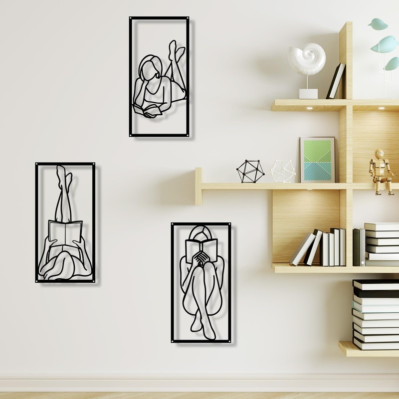 ARTINME 3 Pieces Abstract Woman Wall Art,Black Metal Minimalist Line