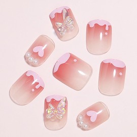 Press on Nails Square Short Length Acrylic Glossy Full Cover Square Pink False Nails with Butterfly Heart Designs Artificial Extra Short Fake Nails Glue Stick ons Fingernails for Women Girls