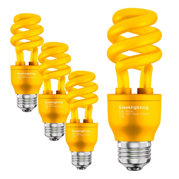 SLEEKLIGHTING 13Watt Yellow Bug Light Bulbs for Outdoor ? General Purpose Spiral CFL Yellow Bug Repellent Light Bulbs- UL Approved- Uses 13 Watts of Energy, 120 Volts, E26 Medium Base. (Pack of 4)