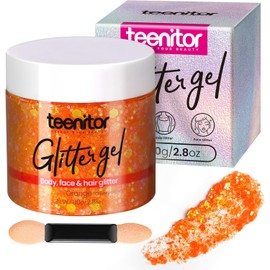 Teenitor - Gel con purpurina para el cuerpo, purpurina para la cara, purpurina naranja para maquillaje corporal, 80 g/2.8 oz cara y cuerpo, gel con purpurina para el cabello, purpurina rave