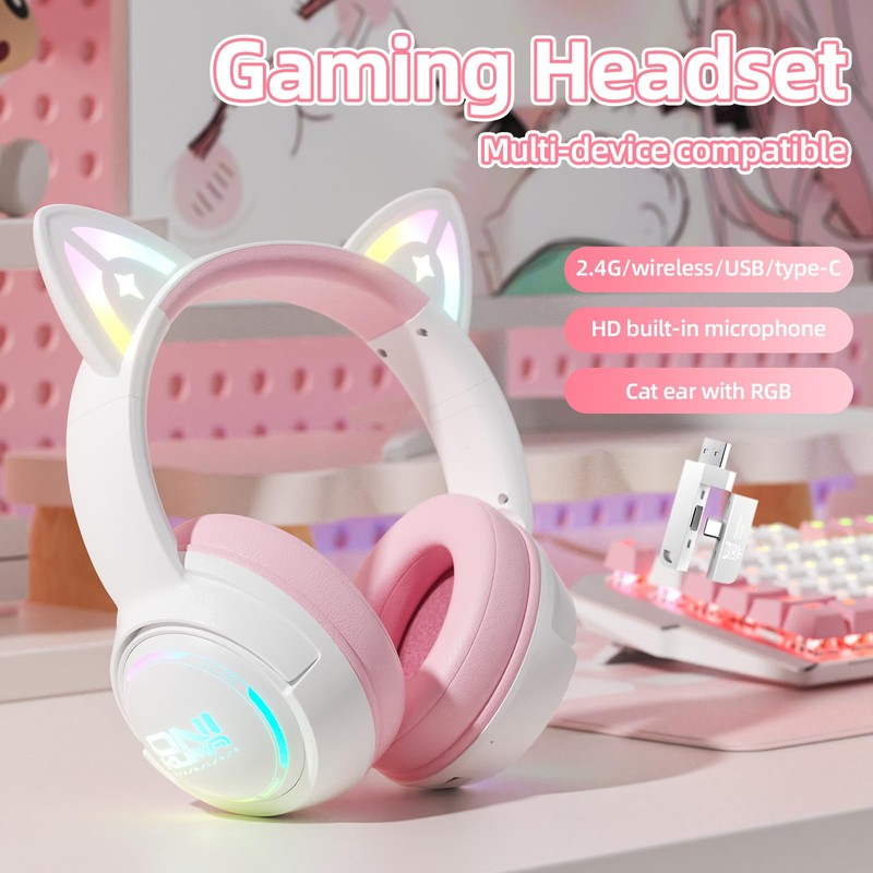 Wireless Cat Ear Headphones with RGB Lights – Tri-Mode Gaming