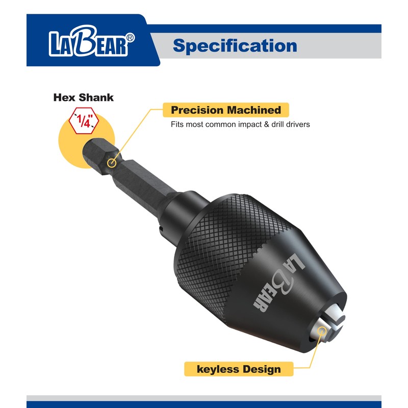 LABEAR- Drill Chuck Keyless Mini 3-Jaw Adapter with Quick-change 1/4"