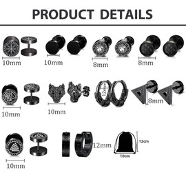10 Pairs of Earrings Men's Stainless Steel 10 mm Viking Stud Earrings Helix Piercings Viking Earrings Set Hoop Earrings Viking Earrings for Men, Stainless Steel