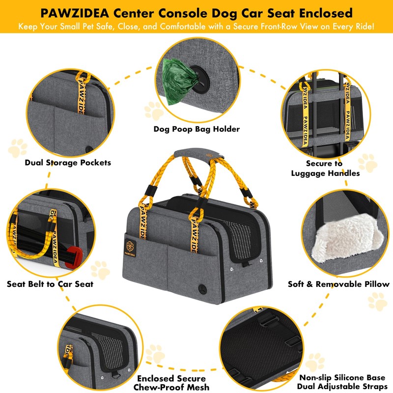 PAWZIDEA Center Console Dog Car Seat, Enclosed Small Dog Armrest