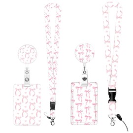 2 Kit Rosa Bow Ausweishülle mit Band,Ausweishülle,mit Ausziehbarer Schlüsselanhänger,mit Schlüsselband,Kartenhüllen mit Fliege Muster,für Frauen, Lehrer, Krankenschwester, Ärzte,Studenten (Kit 1)