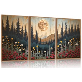 Ausril Vintage Moon Forest Framed Canvas Wall Art Set, Wildflower Forest Mountain Wall Decor, Nature Pine Tree Wall Painting, Colorful Floral Art Prints for Living Room, Bedroom, Office - 16"X24"X3