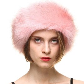 Women's Faux Fur Russian Beret Hat Cossack Style Ear Warmer Earmuff Fur Headband Round Thick Winter Wrap Cap (Pink, One Size)