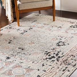 Hauteloom Cadiz Bohemian Mosaic Tile Living Room, Bedroom Area Rug - Vintage Distressed - Oriental Boho Faded Look - Pale Pink, Cream, Beige - 7'7" x 10'2"