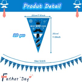 Jwssor Father’s Day Bunting Banner,10m 20Flags Best Dad Decoration Banner,Father’s Day Waterproof Bunting