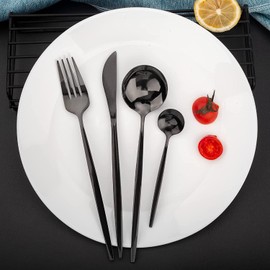 IMLUCKY 24 piezas Juego de Cubiertos de acero inoxidable: Vajilla de Utensilios para comer con cena Tenedores Cucharas Cuchillo para carne Servicio 6 (Negro)