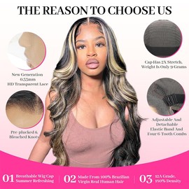 Erqq 1b/27 Highlight Body Wave Lace Front Wigs Human Hair 13x6 HD Lace Pre Plucked Glusless Wig 32 Inch 180 Density Ombre Colored