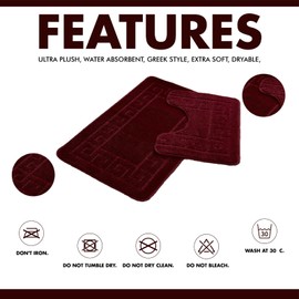 Lions Bath Mat Sets 2 Piece - Jacquard Greek Key Pattern Bathroom Toilet Rugs, Microfibre Bath Mats Pedestal Set, Super Soft Bathmat, Burgundy