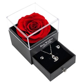 Preserved Real Rose Gifts for Women,Mum,Wife,Eternal Flowers Rose with Heart Pendant Necklace Earrings Set,Gifts for her on Birthday, Anniversary, Valentine's Day, Mother's Day, Christmas (Red)
