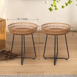 Oakrain Rattan End Table, Nesting Tables, Set of 2, Bamboo, Round, Metal Base, for Boho Living Room, Sofa, Bedroom, Terrace (18.11inch)