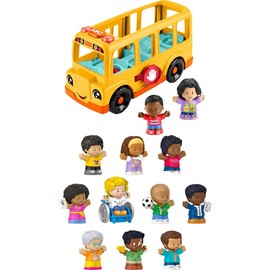 Bundle of Fisher-Price Little People School Bus Musical Push-Along Vehicle with 2 Figures for Pretend Play + Fisher-Price Little People Classroom Figures 10-Piece Set for Preschool Pretend Play