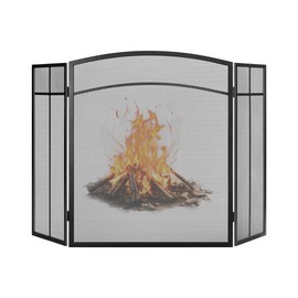 Gtongoko Fireplace Screen 3 Panel 48" W x 29" H Wrought Iron Metal Decorative Fire Spark Guard Cover for Living Room, Fits Most Standard Fireplaces, Black