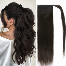 Tinashe Ponytail Human Hair Extensions Clip In Ponytail Hair Extension Real Human Hair Long Straight Wrap Around Ponytail Hair Piece Natural Black Remy Pony Tails Extension (16inch, #1B)