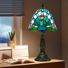 Ppbmocw Small Tiffany Table Lamp,Peacock Style,8X14inch Stained Glass Lamp for Bedroom
