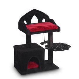 Gothic Cat Tree - 28in Black Cat Tree with Regal Throne Bed, Spacious Cat condo, Spooky Hanging Bat and Durable Sisal Scratching Post - Goth Cat Tree for Majestic Rest