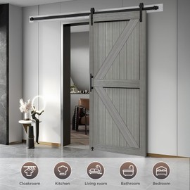 S&Z TOPHAND® 36in x 84in MDF Light Gray Barn Door with 6.6FT Sliding Door Hardware Kit, Solid Barn Door Slab Covered with Water-Proof PVC Surface/Double Surfaces/Simple Assembly is Required
