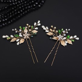 Teyglen 2pcs Gold Leaf Pearl Hair Pins Bridal Green Crystal Rhinestone Hair Pins Wedding Hair Piece Vintage Headpiece Wedding Hair Accessories for Women Girls (Gold)