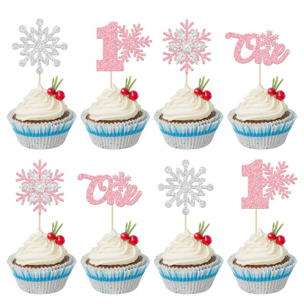 24 piezas de decoración de copo de nieve para cupcake con purpurina rosa para el primer cumpleaños, fiesta de cumpleaños, cupcakes, temática de copo de nieve, baby shower, primer cumpleaños, decoración de pasteles