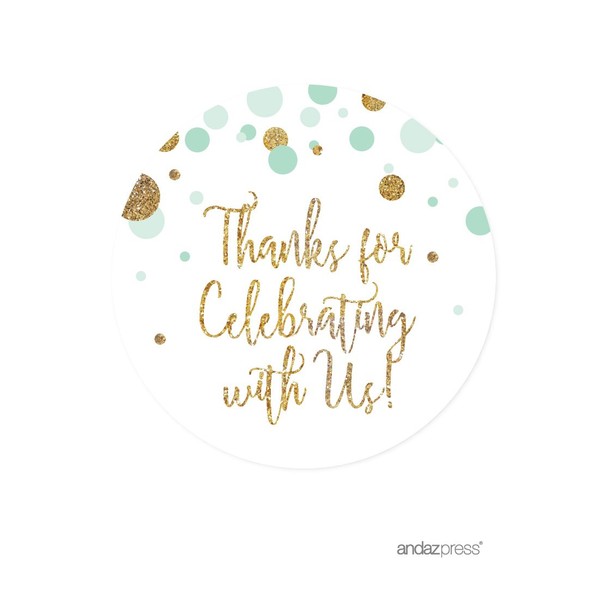 Andaz Press Mint Green Gold Glitter Boy Baby Shower Party Collection, Round Circle Label Stickers, Thank You for Celebrating with US, 40-Pack
