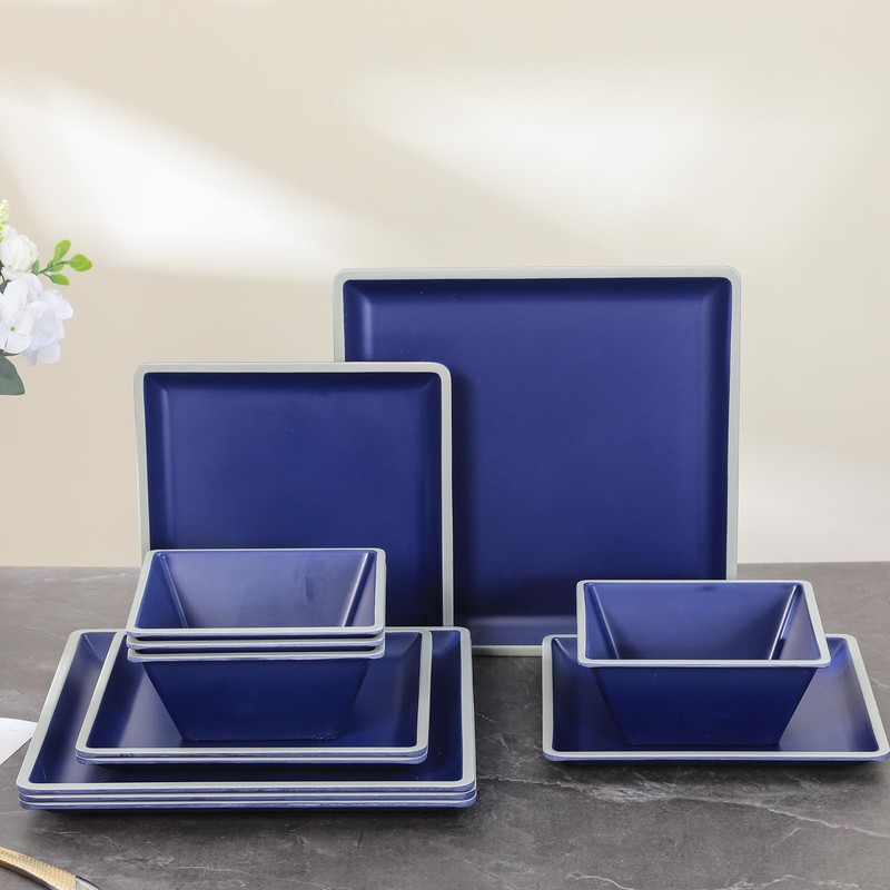 Square Melamine Dinnerware Sets， Durable Square Dinner Plates and Bowls