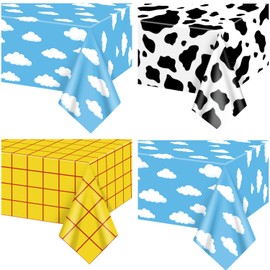 QUERICKY 4 Pack Story Tablecloths Mix Color Plastic Table Cover Cow Pattern Printed Check Tablecover Story Birthday Party Supplies for Boy Baby Shower Decorations 87 x 51 inch