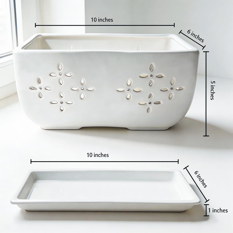 Sanmudecor Orchid Pot, White, 10 Inch, Rectangular Planter Flower Pot