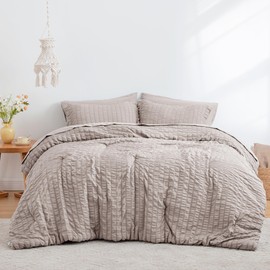 Love's cabin Seersucker Burlwood 7 Pieces Comforter Set Full, Full Bed in a Bag, All Season Bedding Set with Comforter, Flat Sheet, Fitted Sheet, Pillowcase and Pillow Sham