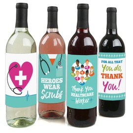 Big Dot of Happiness Thank You Healthcare Workers - Doctor and Nurse Appreciation Decorations for Women and Men - Wine Bottle Label Stickers - Set of 4