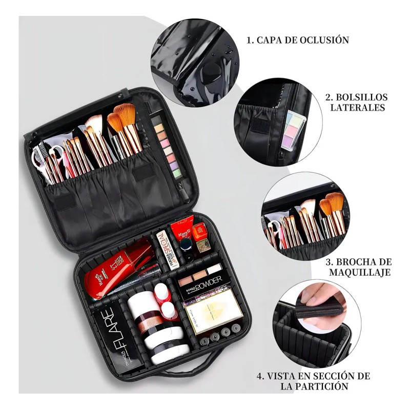 Maletín Maquillaje Cosmetiquera Con Divisor Ajustable Viaje Color Negro