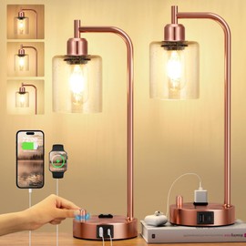 Innqoo Industrial Table Lamps for Bedrooms Set of 2 - Fully Dimmable Bedside Lamps with USB Ports and Outlet, Copper Nightstand Lamps with Glass Shade for Living Room, Desk Lamps for Office Reading