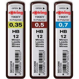 rOtring Hi-Polymer Leads Set of 3 Packs of 12 Leads | 0.35mm, 0.50mm | 0.70mm | Hardness: HB