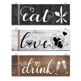 3 Pieces Wooden Wall Decor Hanging Wooden Wall Art Wall Sign Hanging Wooden Sign with "Drink, eat, Love" Letters Restaurant Wall Decor for Home Kitchen Dining Room Restaurant