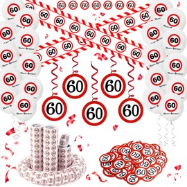 DazzJoy Decoration 60th Birthday Man Woman, 60th Birthday Decoration Set with Barrier Tape, 60th Birthday Decoration, Balloons, Streamers, Confetti, Spiral Garland, Traffic Sign, Birthday Decoration