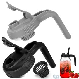 2 Pack Wide Mouth Mason Jar Pour Spout Lid with Handle, Mason Jar Drinking Canning Lids, V-Shaped Mason Jar Pitcher Lids with Extended Flip Cap Leak Proof Seal Cover Coarse Sieve, 1 Black + 1 Gray